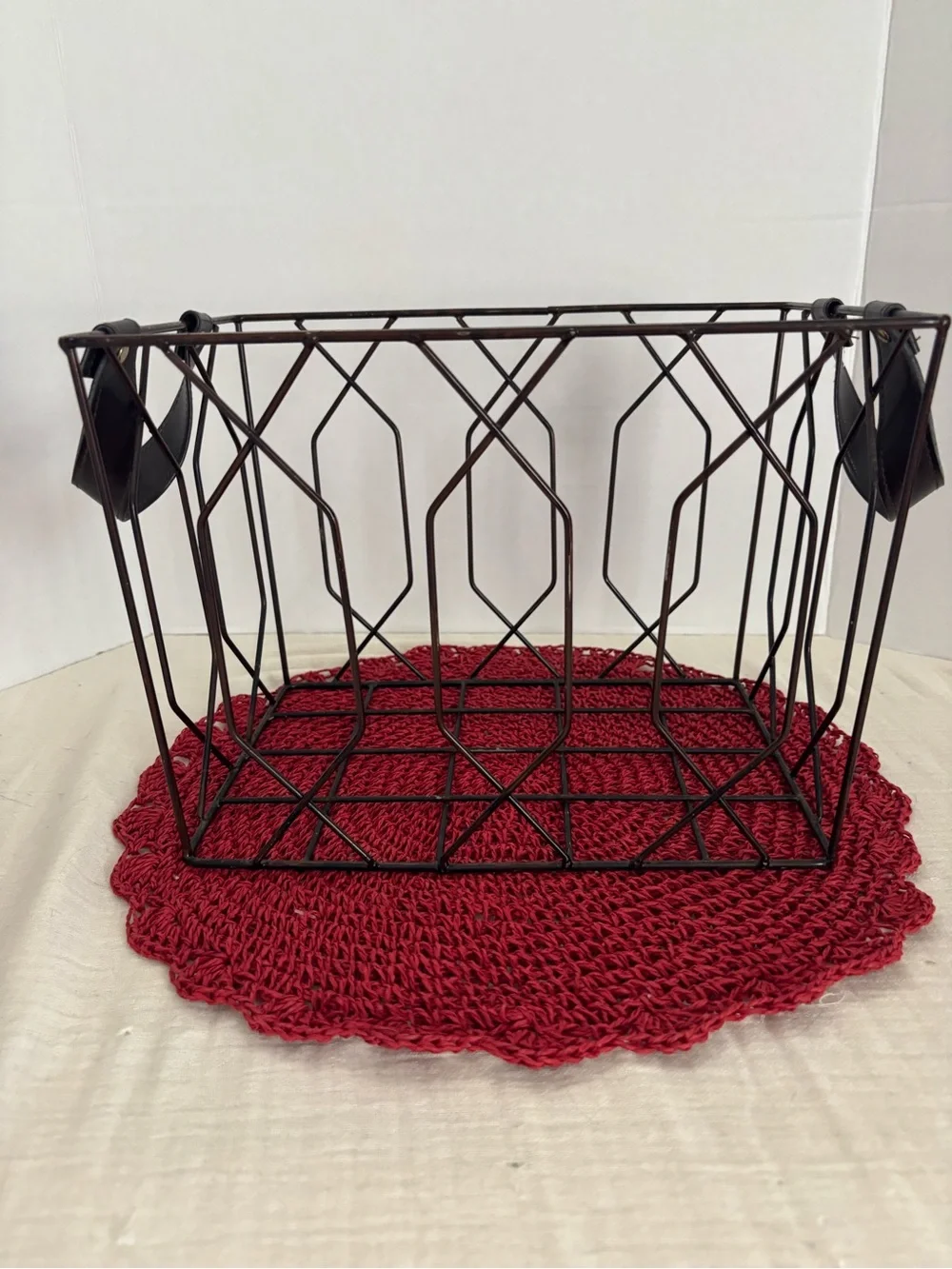 Geometric Metal Wire Storage Basket in Brown with Black Handles